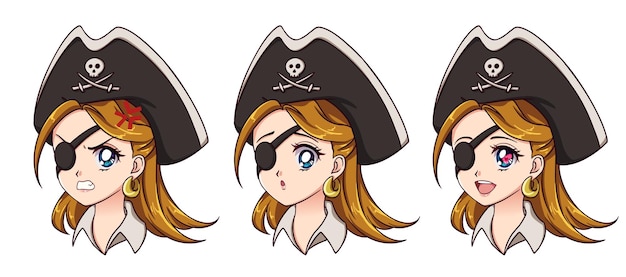 ハロウィーンかわいい海賊 8 つの異なる表情レトロな 90 年代アニメ スタイル手描きベクトル イラスト分離された白い背景の上