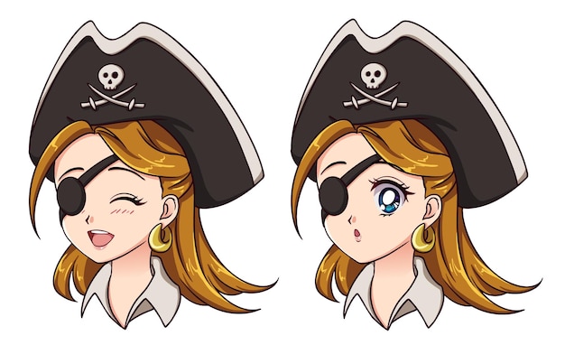 Vector halloween kawaii pirate with eight different face expression retro 90s anime style hand draw vector illustration isolated on white background