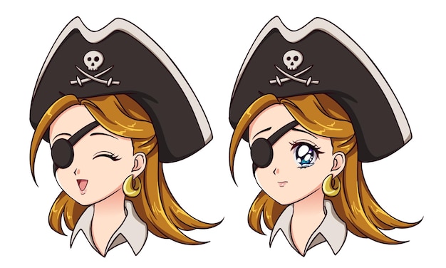 Halloween kawaii pirate with eight different face expression Retro 90s anime style hand draw vector illustration Isolated on white background