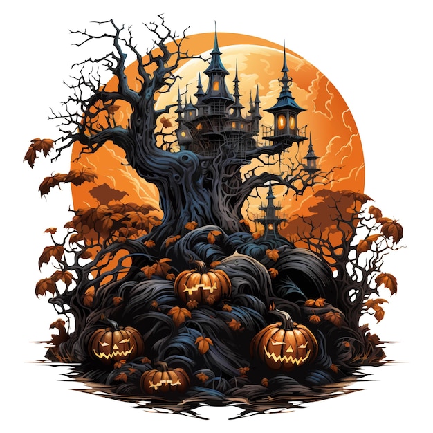 Halloween kerkhof scène Haunting nachtmerrie hallowen achtergrond cartoon horror kasteel landschap enge geest bij grafstenen graf in donker bos heuvel vector illustratie van kerkhof halloween