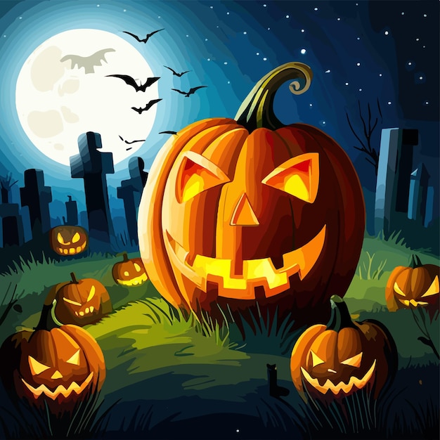 Halloween kerkhof scène met pompoenen die nachtmerrie halloween achtergrond cartoon horror achtervolgen