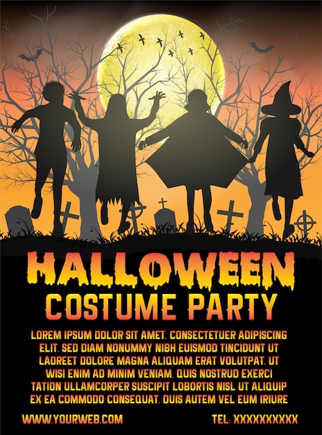 Halloween kids costume party in front of cemetery poster template