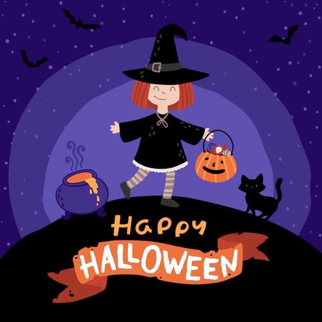 Хэллоуин детский костюм партии. девушка в костюме ведьмы с черным котом и ведром конфет.