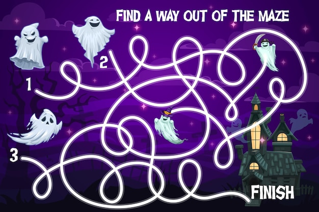 Halloween kids labyrinth maze game with funny ghosts. vector puzzle help spooky characters find way to haunted castle at night. children board game, task with tangled path, education preschool riddle