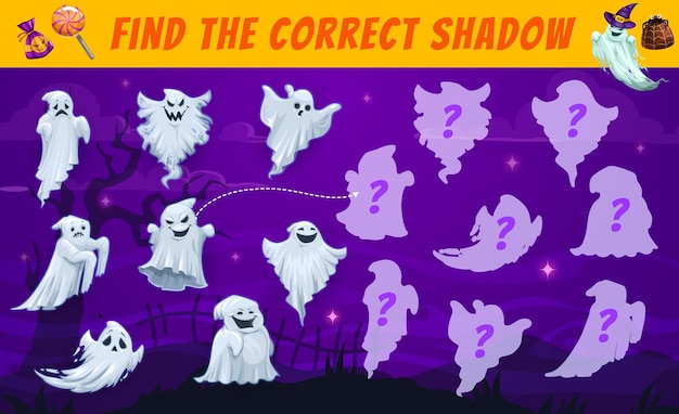 Halloween kids maze find the correct ghost shadow