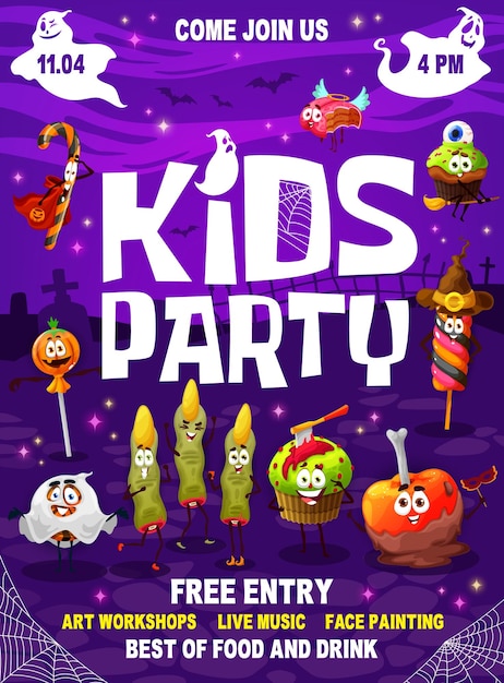 Vector halloween kids party flyer with cartoon candies