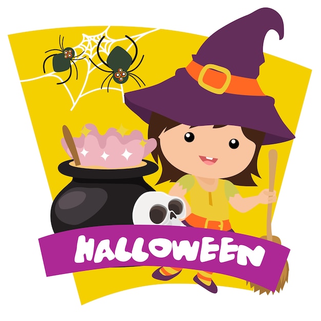 Halloween kids witch with broom