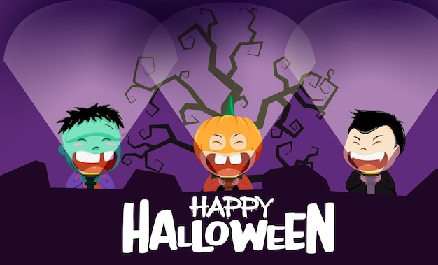 Halloween kinderfeest vector achtergrondontwerp happy halloween-tekst met schattige enge jongen karakters