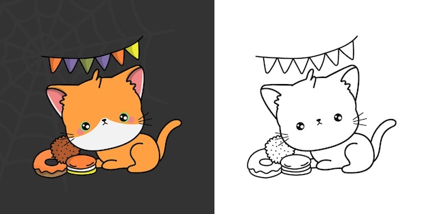 Clipart del gattino di halloween per la pagina da colorare e l'illustrazione. adorabile clip art halloween gatto rosso.