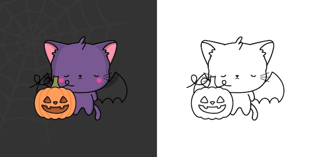 Halloween Kitten Clipart voor kleurplaat en illustratie. Schattige Clip Art Halloween Violet Cat.