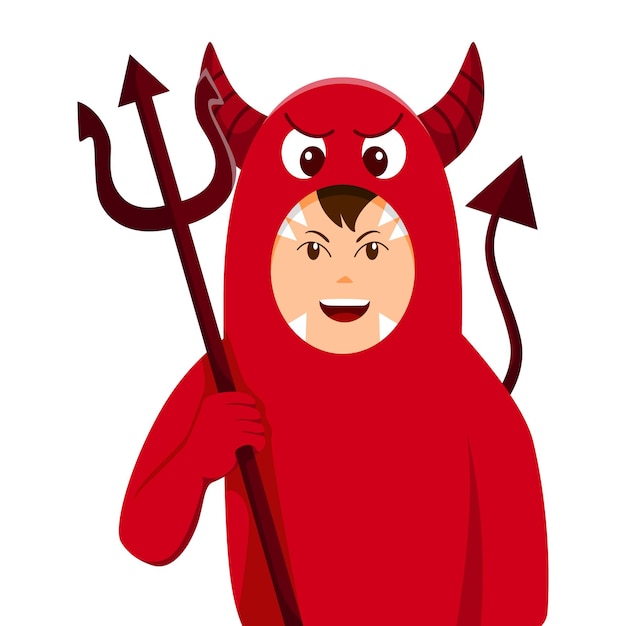Vector halloween kleine jongen in duivel kostuum ontwerp vlakke afbeelding