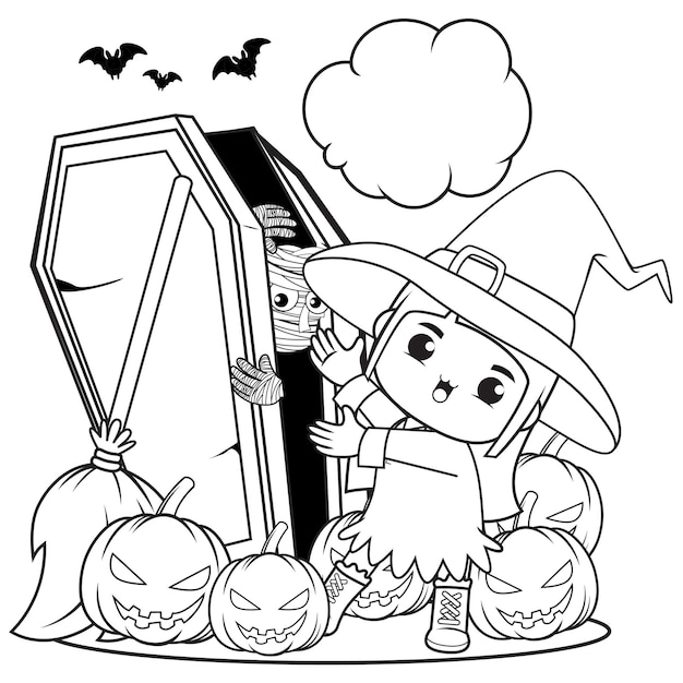 Vector halloween kleurboek schattig klein meisje heks