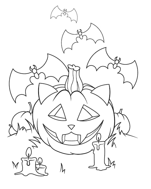 Halloween kleurpagina met katje pompoen
