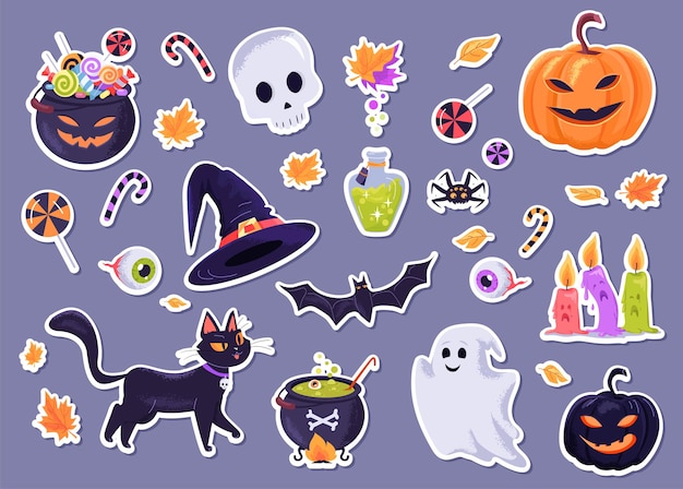 Vector halloween kleurrijke grappige stickers decoratie illustratie set