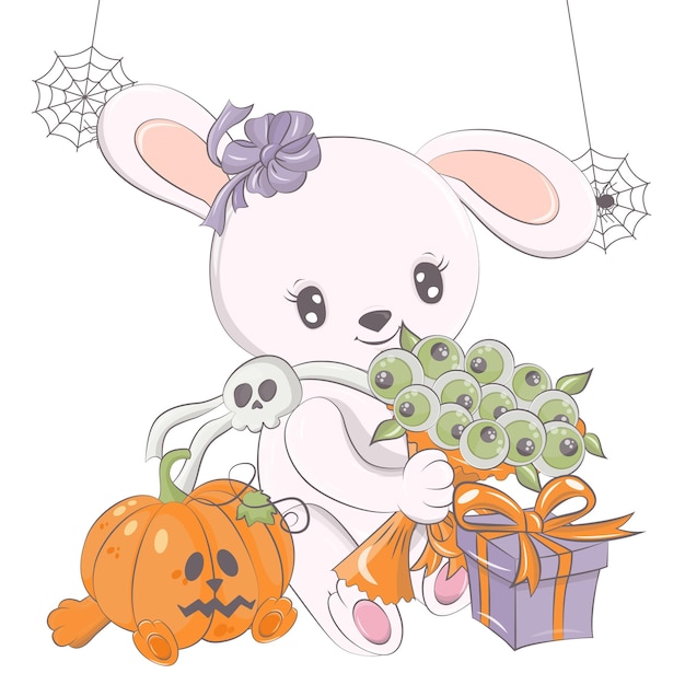 Halloween-konijnillustratie met pompoen. Vectorillustratie van Halloween dier.