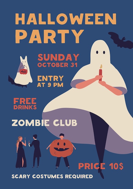 Halloween kostuum partij platte poster vector sjabloon. zombie club feest evenement uitnodiging