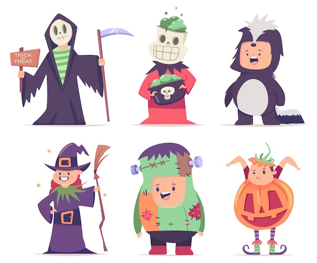 Halloween-kostuums voor kinderen: pompoen, zombie, stinkdier, heks, skelet en Magere Hein. Vector cartoon set schattige jongen en meisje tekens geïsoleerd op een witte achtergrond.