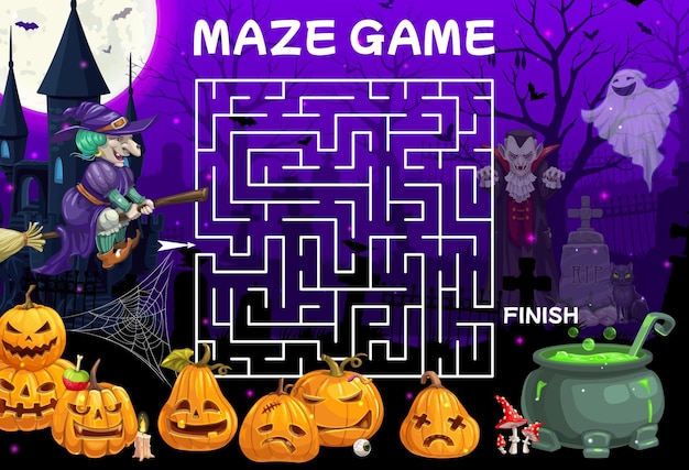 Halloween labyrinth maze help witch find potion