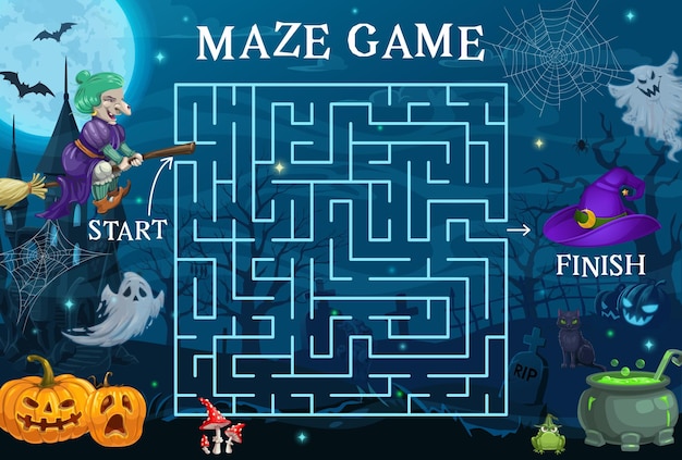 Halloween labyrinth maze help to witch kids game