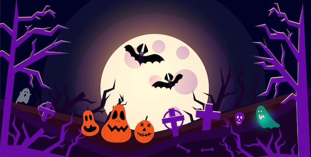 Vector halloween landscape on dark background with pumpkins ghosts bats and graveyard vector flat illus