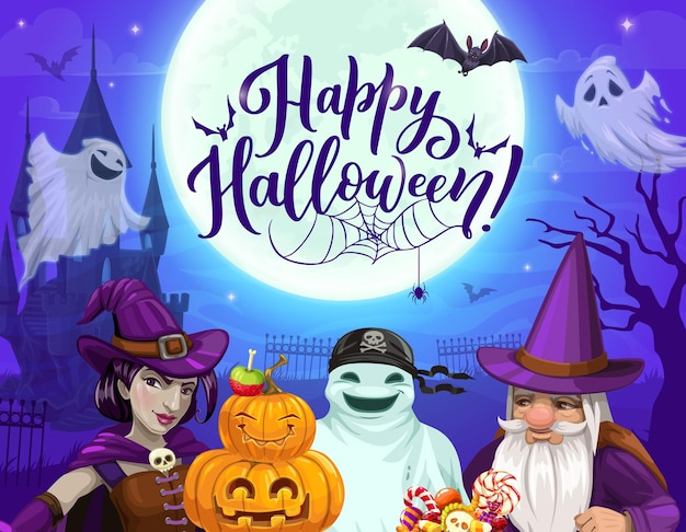 Halloween landscape with cartoon characters Vector poster with ghost pirate witch and wizard under moonlight night and castle Greeting card with funny spooks bats and pumpkins spooky personages