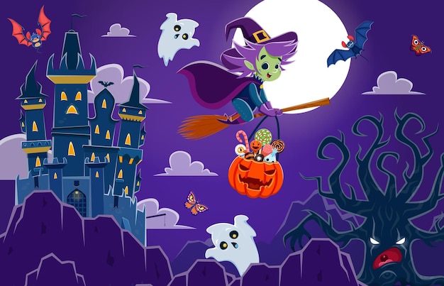 Halloween landscape with flying witch and ghosts