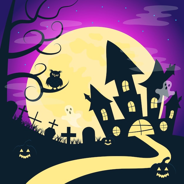 Halloween landscape with scary castle cemetery owl full moon ghosts and evil pumpkins