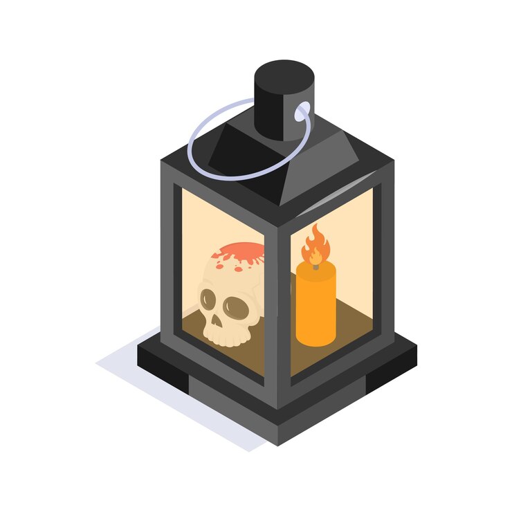 Vector a halloween lantern with a glowing candle and tiny skull inside