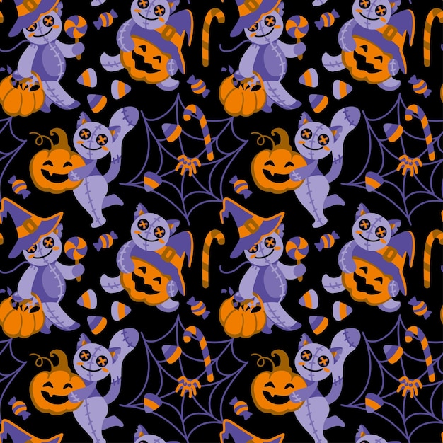 Halloween lappenpoppen. Pompoenen, snoepjes, spinnenweb en andere Halloween-attributie. Kinderachtige afdruk