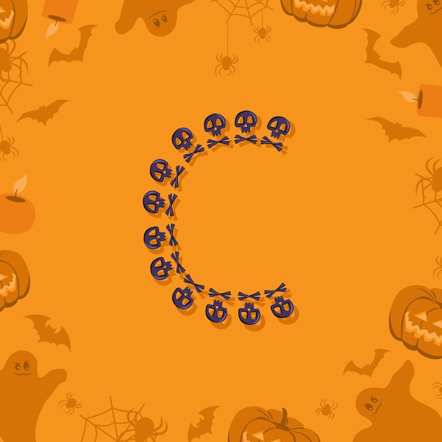 Vector halloween letter c from skulls and crossbones for design festive font for holiday and party on orang...