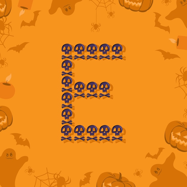 Хэллоуин буква е из черепов и скрещенных костей для дизайна праздничного шрифта для праздника и вечеринки на оранжево-оранжевом ...