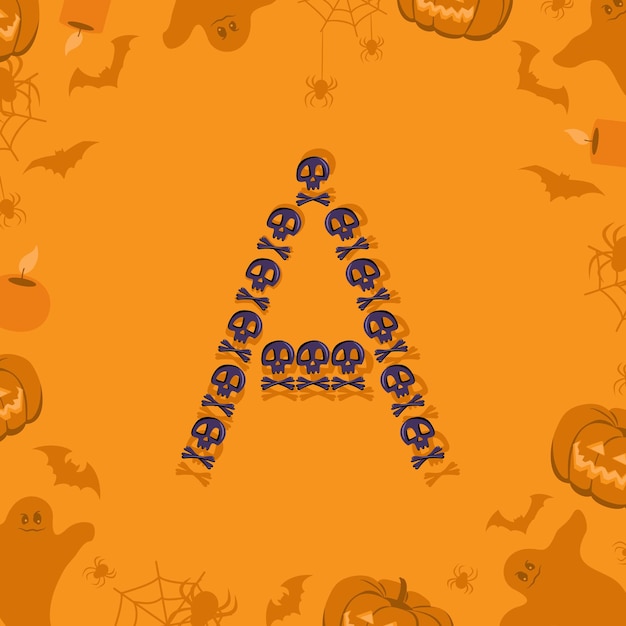 Halloween letter a from skulls and crossbones for design festive font for holiday and party on orang...