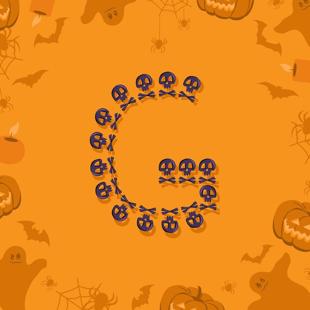 Halloween letter g from skulls and crossbones for design festive font for holiday and party on orang...