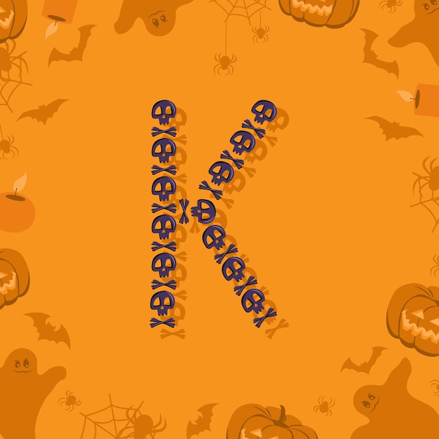 Halloween letter k from skulls and crossbones for design festive font for holiday and party on orang...