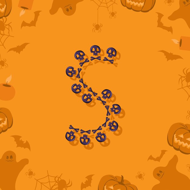 Lettera s di halloween da teschi e ossa incrociate per il design carattere festivo per vacanze e feste su aranc...