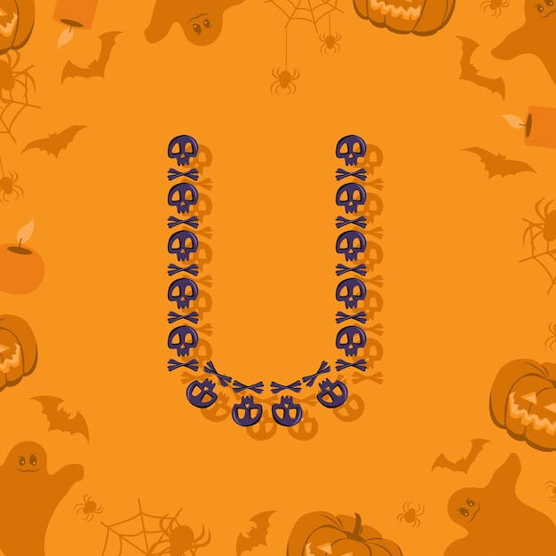 Halloween letter u from skulls and crossbones for design festive font for holiday and party on orang...