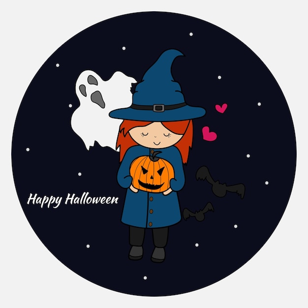 Halloween little witch Girl kid in halloween costume Dark background