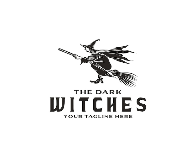 Halloween logo or label template hand drawn old witch flying on the broom sketch symbol