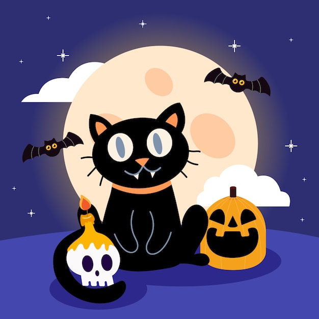 Vettore notte magica di halloween con il gatto