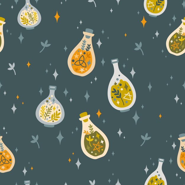 Halloween magic potions vector seamless pattern