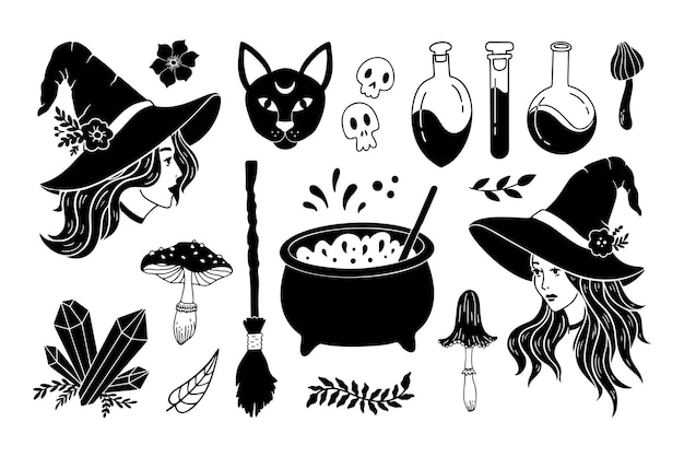 Vector halloween magic witches set vintage vector illustration isolated on white background occult collection magic potion bottle mushroom crystals and mystery cat head hand drawn fairy set