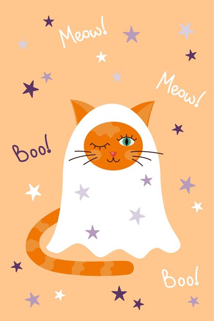 Halloween magische kat in een spookkostuum Wenskaart met letters boo en miauw