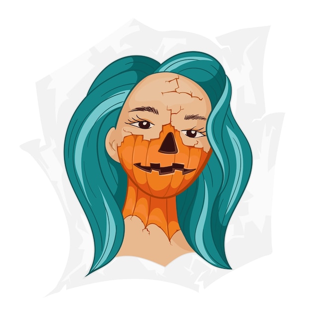 할로윈 메이크업. 그녀의 얼굴에 그려진된 호박으로 십 대입니다. 만화 스타일의 벡터 문자입니다.