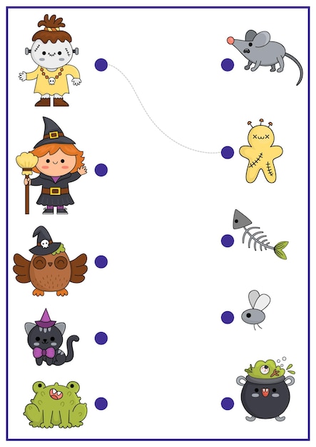 Halloween matching activity with cute kawaii witch owl cat monster Autumn holiday puzzle with cauldron mouse frog Match the objects game All saints day match up printable page