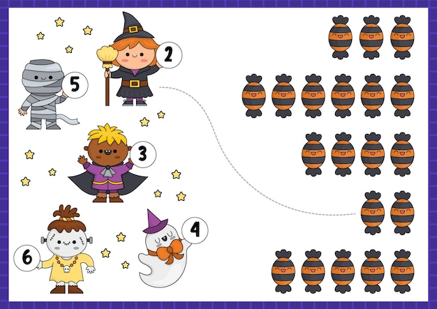 Halloween matching game met trick or treat snoep en schattige kawaii kinderen Herfst wiskunde activiteit voor kleuters Educatieve drukbare tellen werkblad met schattige cartoon personages