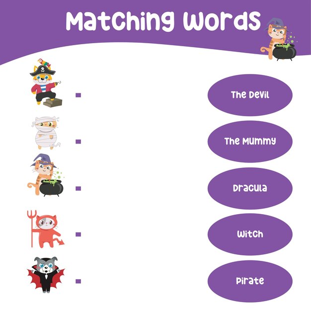 Halloween Matching Words worksheet for children. Fun activity for kids. Educational printable sheet