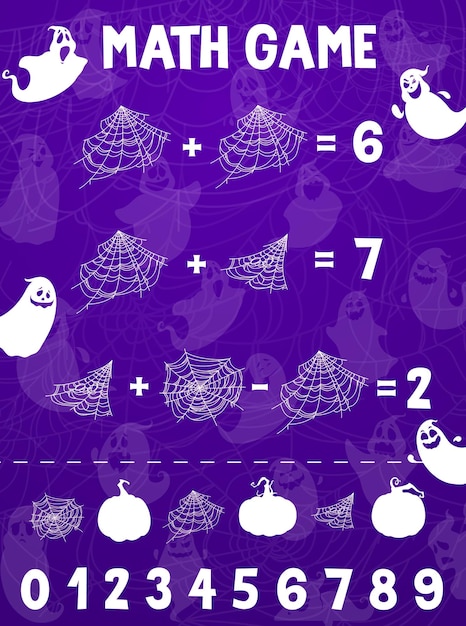 Halloween math game with spiderweb and ghosts