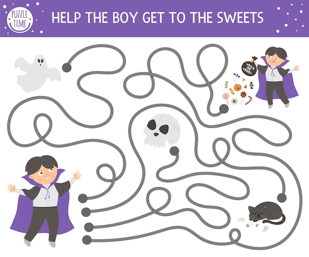 Halloween maze for children. autumn preschool printable educational activity. funny day of the dead game or puzzle with kid dressed as a vampire, ghost, scull. help the boy get to the sweets