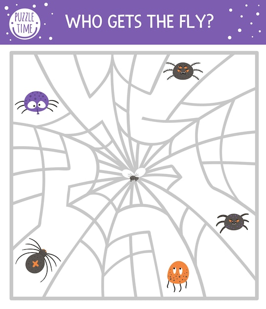 Halloween maze for children. autumn preschool printable educational activity. funny day of the dead game or puzzle with spiders, web, insect. who gets the fly