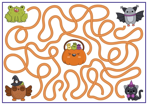 Halloween maze for kids Autumn holiday preschool printable activity with cute kawaii animals